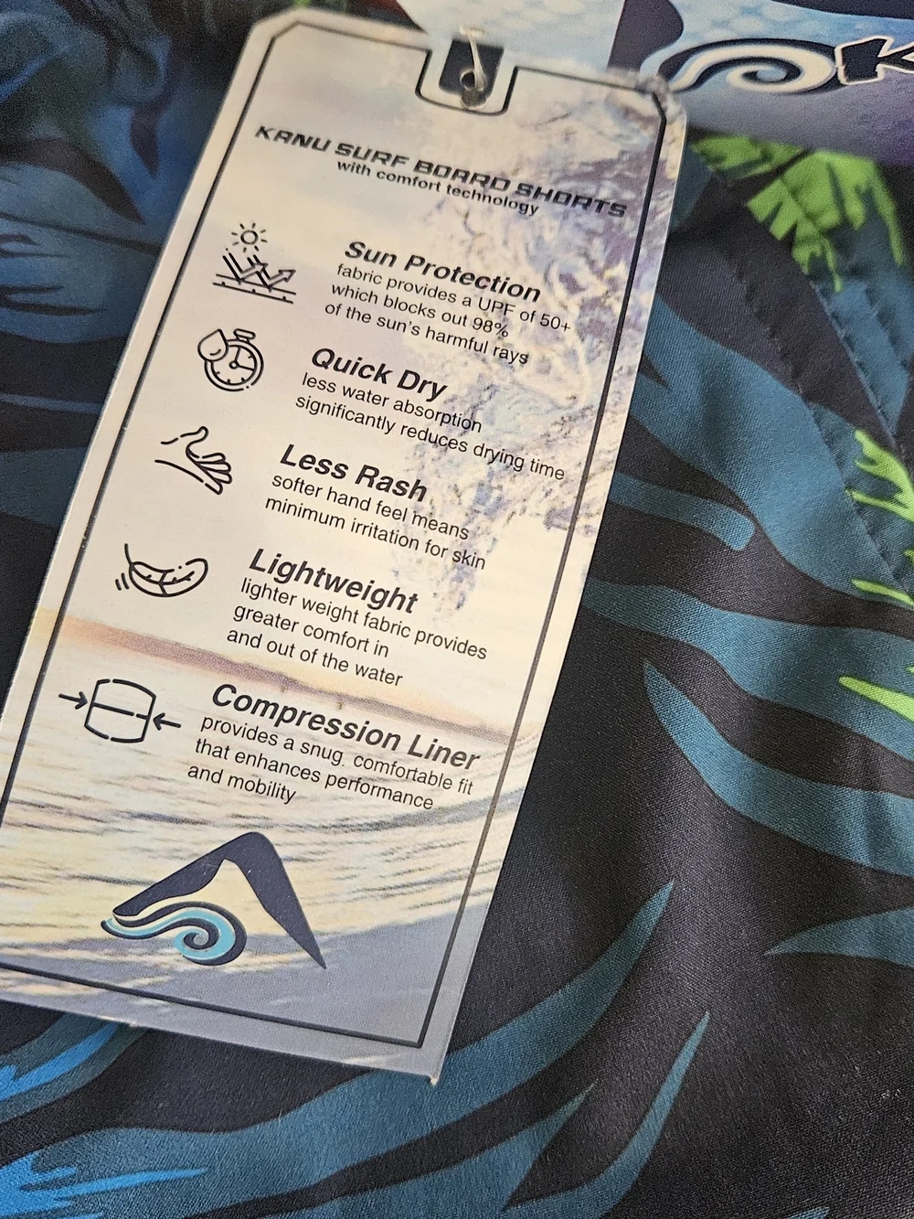 Kanu Surf Navy Swim Trunks with Blue & Green Tropical Leaves